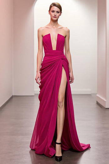 Pink Strapless Ruched Maxi Formal Dress with Slit