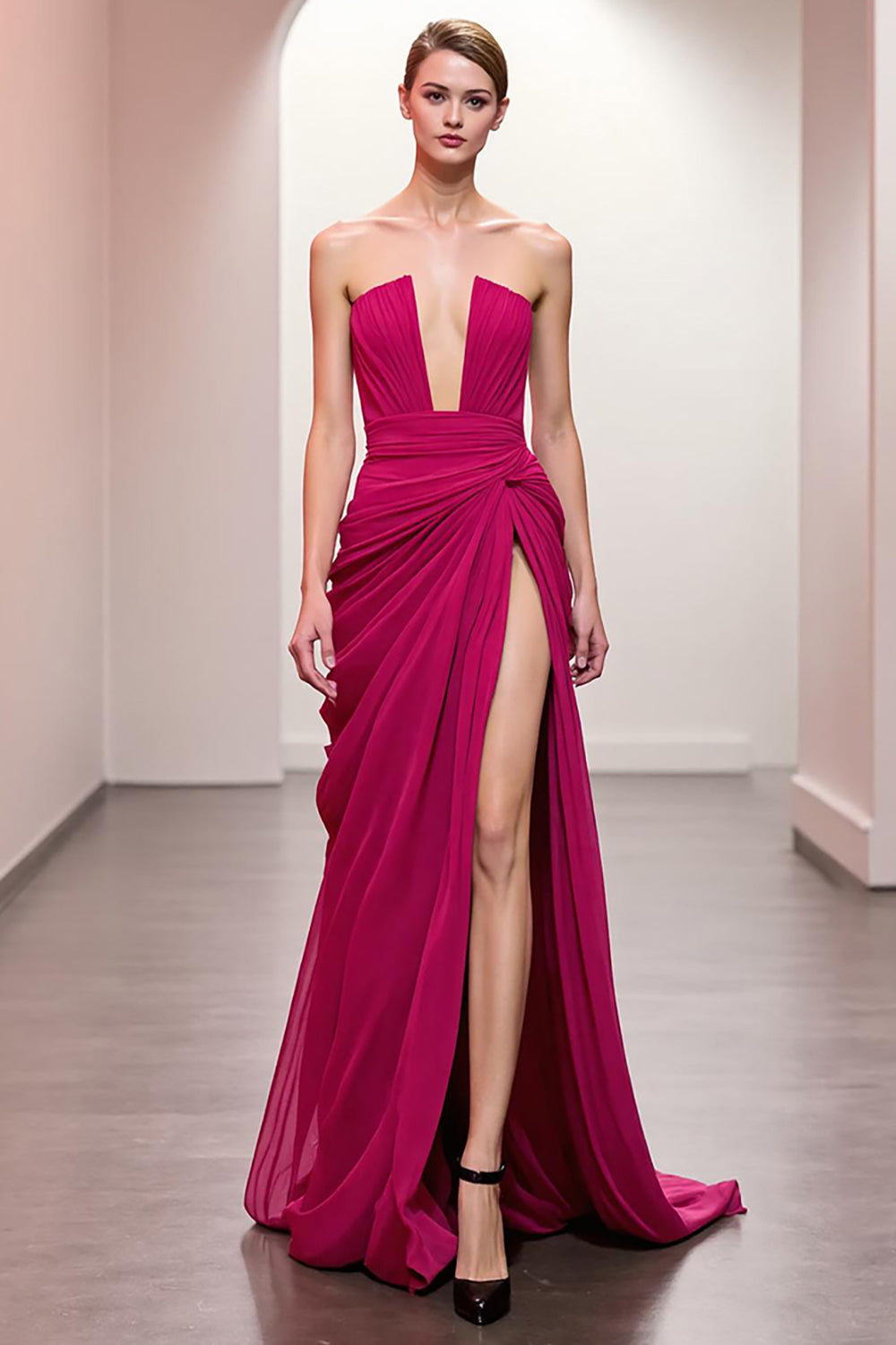 Pink Strapless Ruched Maxi Formal Dress with Slit
