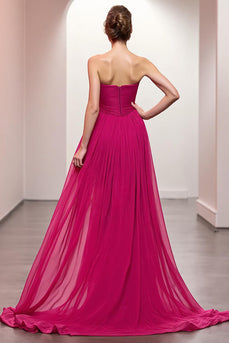 Pink Strapless Ruched Maxi Formal Dress with Slit