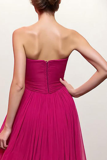 Pink Strapless Ruched Maxi Formal Dress with Slit