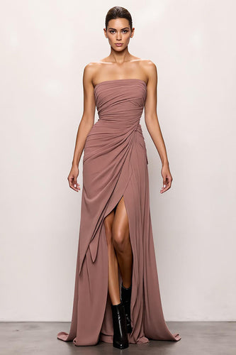 Blush Strapless Ruched Backless Long Formal Dress with Slit