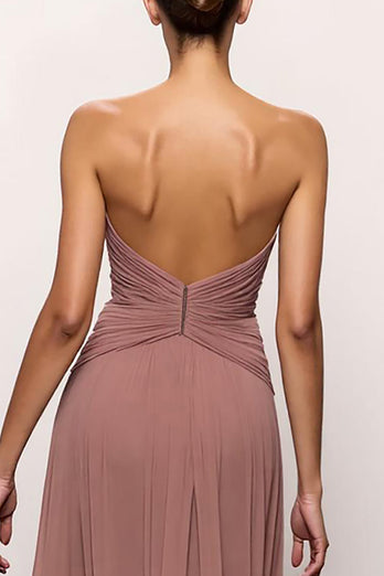 Blush Strapless Ruched Backless Long Formal Dress with Slit