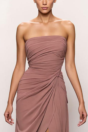 Blush Strapless Ruched Backless Long Formal Dress with Slit