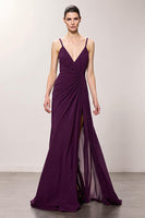 Load image into Gallery viewer, Purple Chiffon Spaghetti Straps A Line Ruched Long Formal Dress with Slit