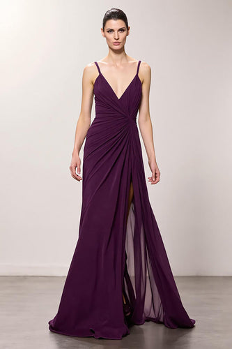 Purple Chiffon Spaghetti Straps A Line Ruched Long Formal Dress with Slit