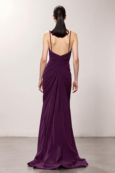 Purple Chiffon Spaghetti Straps A Line Ruched Long Formal Dress with Slit