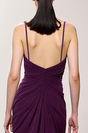 Purple Chiffon Spaghetti Straps A Line Ruched Long Formal Dress with Slit