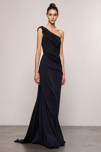 Black Sheath One Shoulder Backless Long Formal Dress