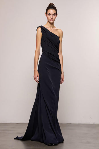 Black Sheath One Shoulder Backless Long Formal Dress