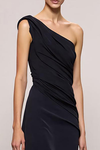 Black Sheath One Shoulder Backless Long Formal Dress