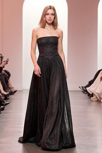 Sparkly Black A Line Strapless Long Formal Dress