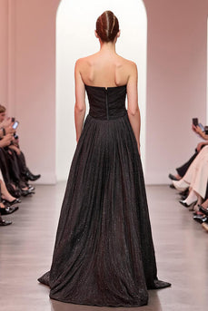 Sparkly Black A Line Strapless Long Formal Dress