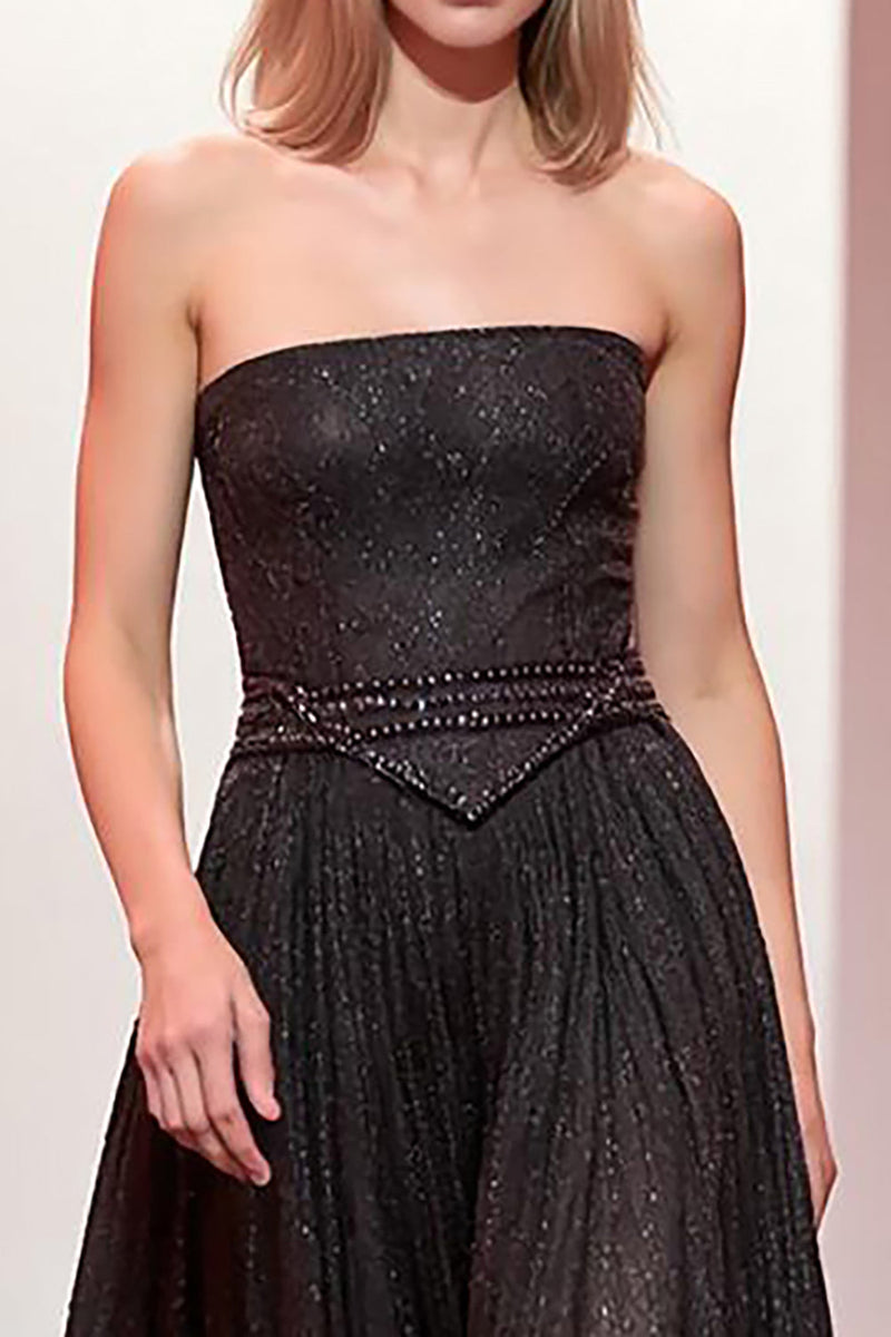 Load image into Gallery viewer, Sparkly Black A Line Strapless Long Formal Dress