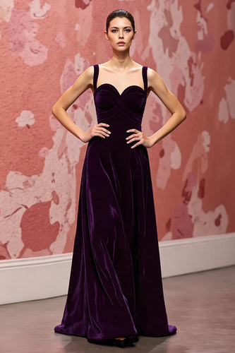 Simple Dark Purple A Line Velvet Long Formal Dress