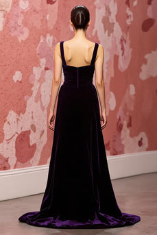 Simple Dark Purple A Line Velvet Long Formal Dress