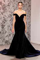 Load image into Gallery viewer, Black Mermaid Velvet Off the Shoulder Sweep Train Formal Dress