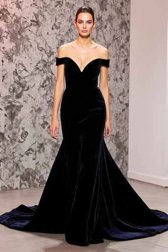 Black Mermaid Velvet Off the Shoulder Sweep Train Formal Dress