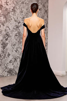 Black Mermaid Velvet Off the Shoulder Sweep Train Formal Dress
