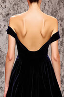 Load image into Gallery viewer, Black Mermaid Velvet Off the Shoulder Sweep Train Formal Dress