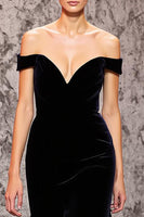 Load image into Gallery viewer, Black Mermaid Velvet Off the Shoulder Sweep Train Formal Dress
