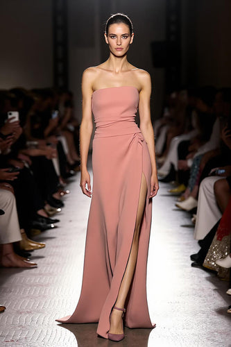 Pink Strapless Ruched Long Formal Dress with Slit
