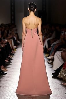 Pink Strapless Ruched Long Formal Dress with Slit