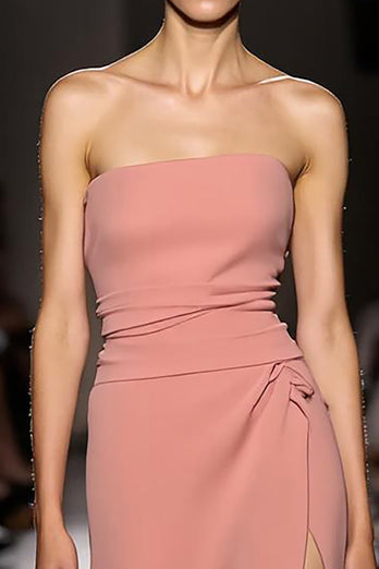 Pink Strapless Ruched Long Formal Dress with Slit