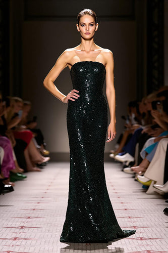 Sparkly Black Sequins Sheath Strapless Maxi Formal Dress