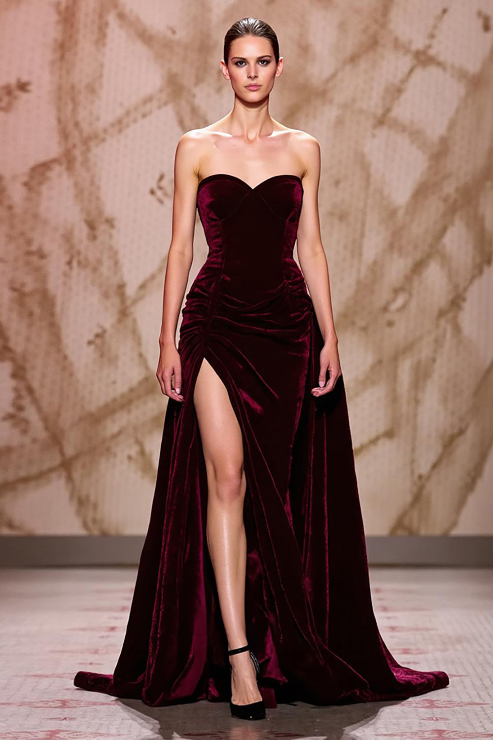Dark Red Velvet Sweetheart Long Formal Dress with Slit