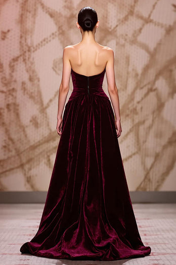 Dark Red Velvet Sweetheart Long Formal Dress with Slit