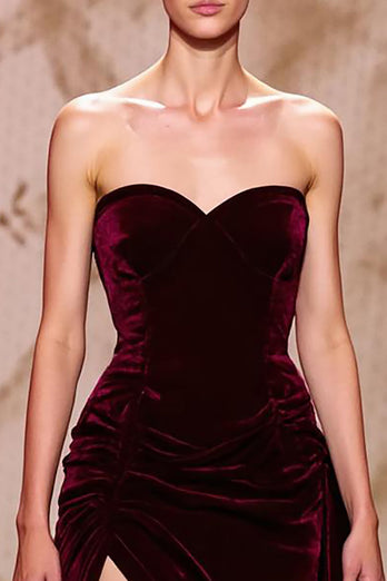 Dark Red Velvet Sweetheart Long Formal Dress with Slit
