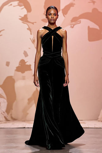 Simple Black Velvet Keyhole Long Formal Dress