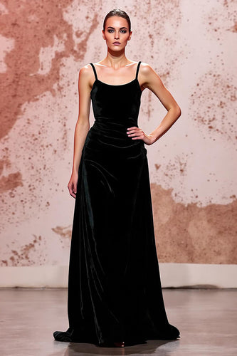 Simple Black Velvet Spaghetti Straps A-Line Long Formal Dress