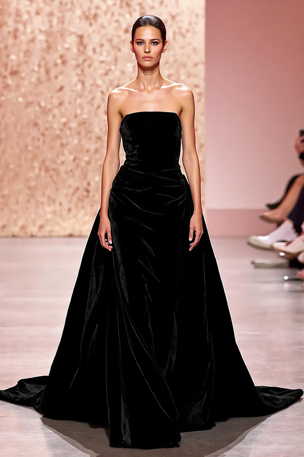 Simple Black Strapless Velvet Ruched A Line Long Formal Dress