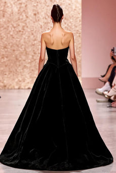 Simple Black Strapless Velvet Ruched A Line Long Formal Dress