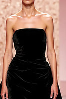 Load image into Gallery viewer, Simple Black Strapless Velvet Ruched A Line Long Formal Dress