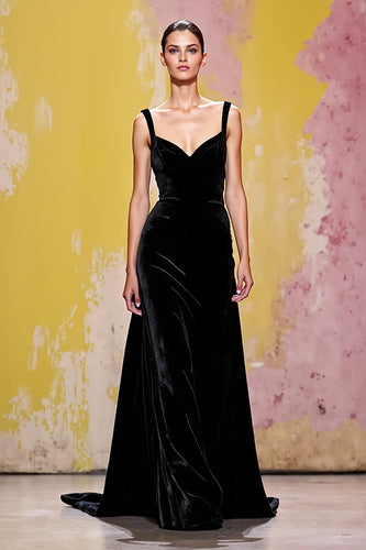 Black Thick Straps Velvet Long A-Line Formal Dress