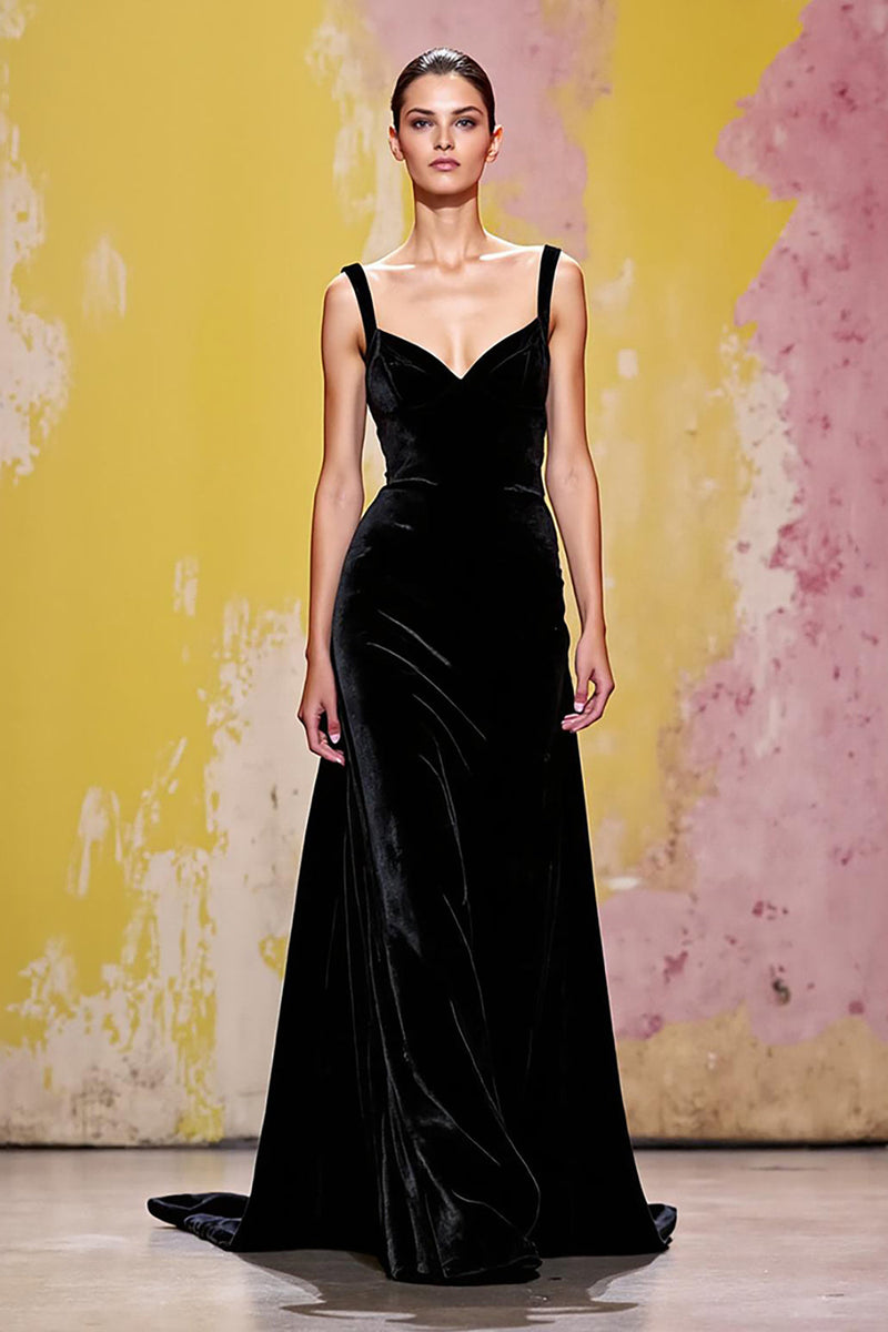 Load image into Gallery viewer, Black Thick Straps Velvet Long A-Line Formal Dress