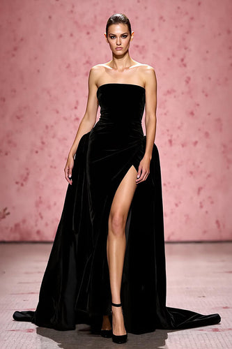 Simple Black Velvet Strapless A Line Long Formal Dress with Slit