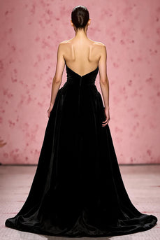 Simple Black Velvet Strapless A Line Long Formal Dress with Slit