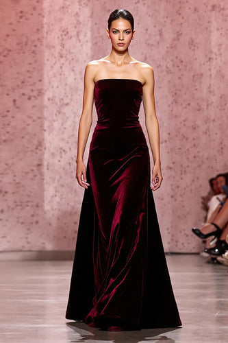 Dark Red Strapless Velvet A-Line Long Formal Dress