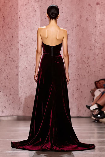Dark Red Strapless Velvet A-Line Long Formal Dress