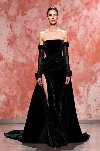 Black A Line Strapless Long Velvet Formal Dress with Slit