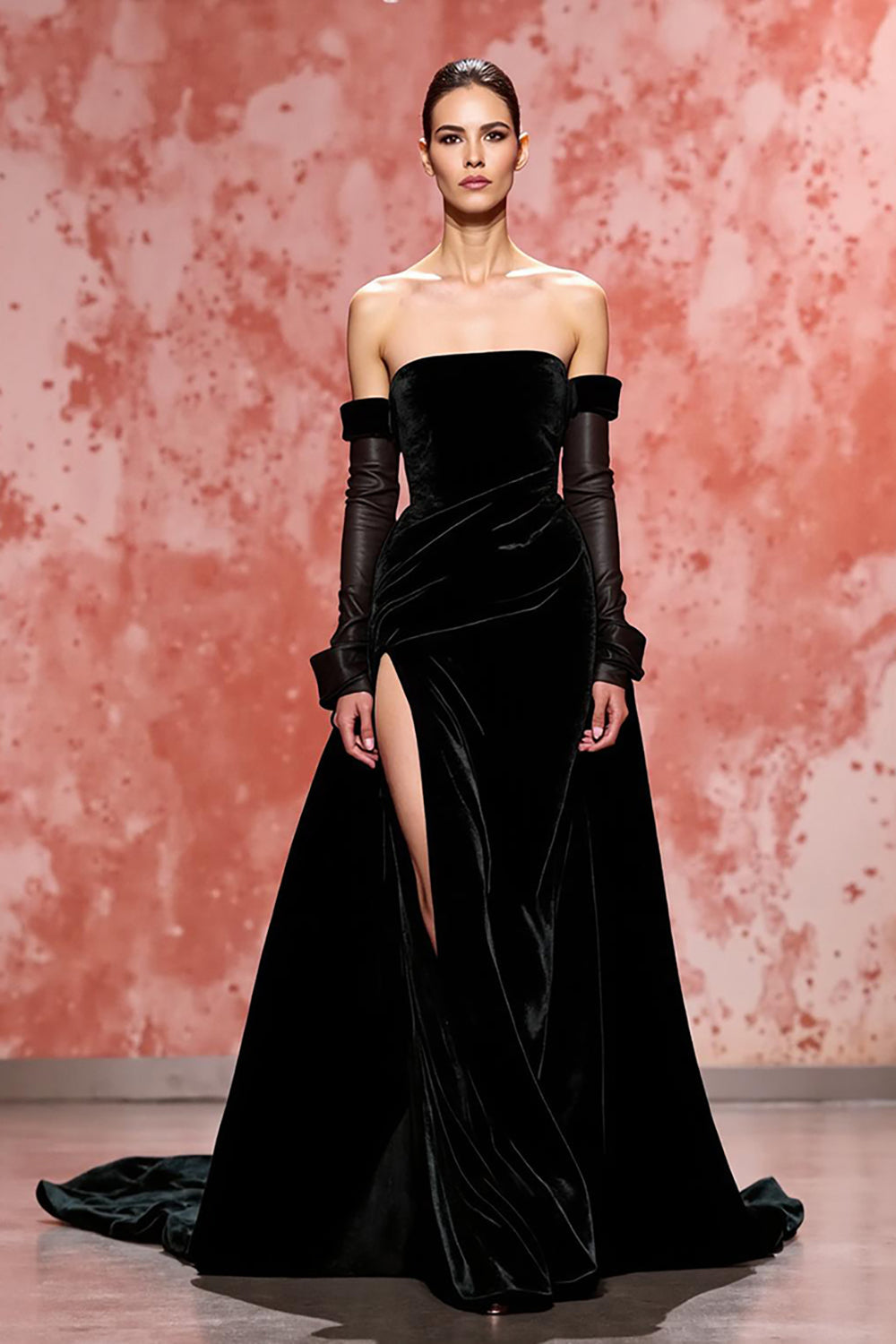 Black A Line Strapless Long Velvet Formal Dress with Slit