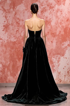 Black A Line Strapless Long Velvet Formal Dress with Slit