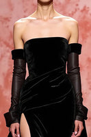 Load image into Gallery viewer, Black A Line Strapless Long Velvet Formal Dress with Slit