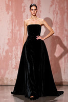 Load image into Gallery viewer, Simple Black A Line Strapless Long Velvet Formal Dress