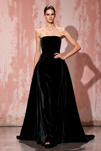 Simple Black A Line Strapless Long Velvet Formal Dress