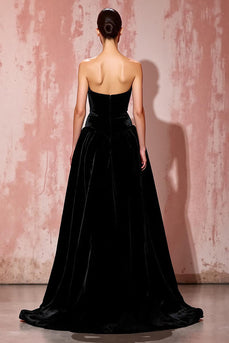 Simple Black A Line Strapless Long Velvet Formal Dress