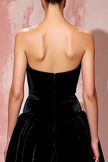 Simple Black A Line Strapless Long Velvet Formal Dress